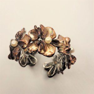 Golden Brown Cuff Bracelet with Freshwater Pearls and Mother Of Pearl - NEW